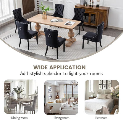 KCC Velvet Dining Chairs Set of 4, Upholstered High-end Tufted Dining Room Chair with Nailhead Back Ring Pull Trim Solid Wood Legs, Nikki Collection Modern Style for Kitchen, Black