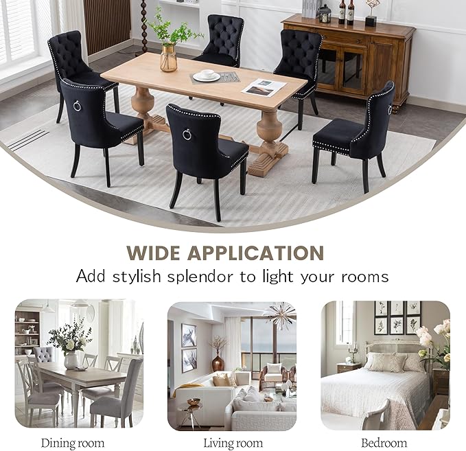 KCC Velvet Dining Chairs Set of 6, Upholstered High-end Tufted Dining Room Chair with Nailhead Back Ring Pull Trim Solid Wood Legs, Nikki Collection Modern Style for Kitchen, Black