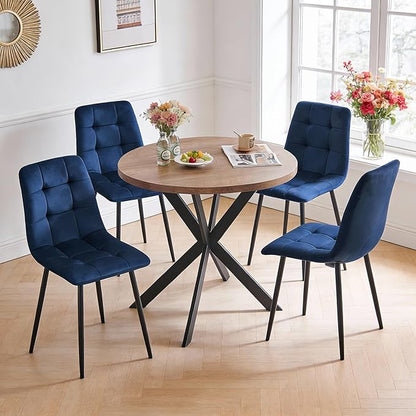 5-Piece Round Dining Table Set - Kitchen Table Chairs Set of 4 with Blue Velvet Upholstered Chairs -Dining Table Set for 4