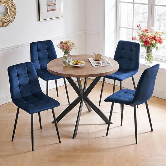 5-Piece Round Dining Table Set - Kitchen Table Chairs Set of 4 with Blue Velvet Upholstered Chairs -Dining Table Set for 4