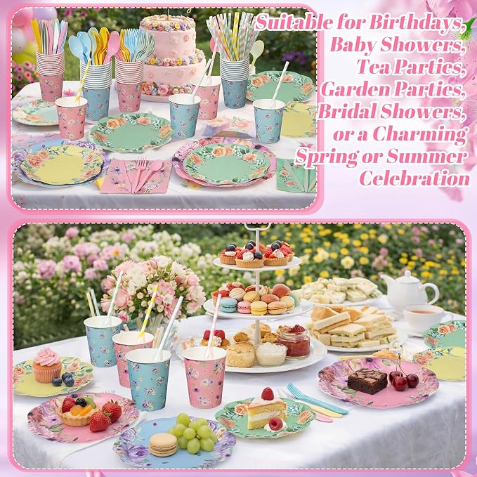 450 Pcs Floral Tea Party Tableware Set Decorations, Serves 50 | Scalloped - Image 5