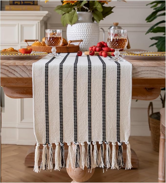 Caflife Boho Table Runner 60 Inchs Long Black and Beige, Cotton and Linen Woven by Caflife