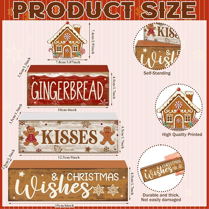 Moucuny 4 Pcs Christmas Table Decoration Gingerbread House Wooden Stacked Block - Image 3