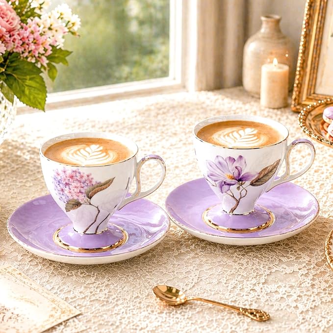 KAMMAK Tea Cups Set of 2, Ceramic Floral Pattern Demitasse Cup | Porcelain - Image 5