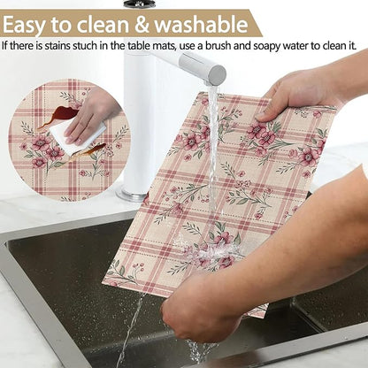 Colorful Floral Spring Plastic Placemats Set of 6 Cute Flowers Pink Place Mats Washable Kitchen Dining Linen Table Mats Stain Heat, for Home Party Indoor 12x18 in