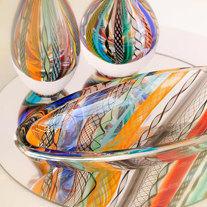 Ca D Oro Murano Style Small Decorative Bowl and Centerpiece Boho with Colored Canes Hand Blown Art Glass Crystal for Home and Room Decoration - 50 MS