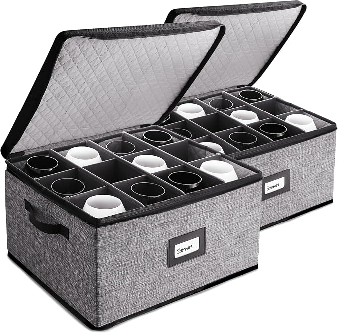 Wine Glass Storage Box with Dividers, 2 Pack Stackable Stemware Storage Cases by HearthHarbor