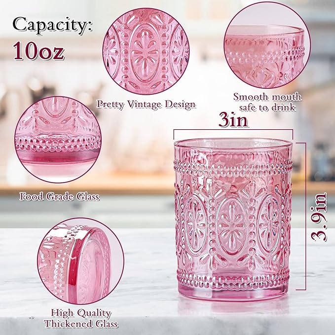 abrwyy Pink Glassware set of 4, Vintage Drinking Glasses, 10oz Pink Heavy Duty - Image 2