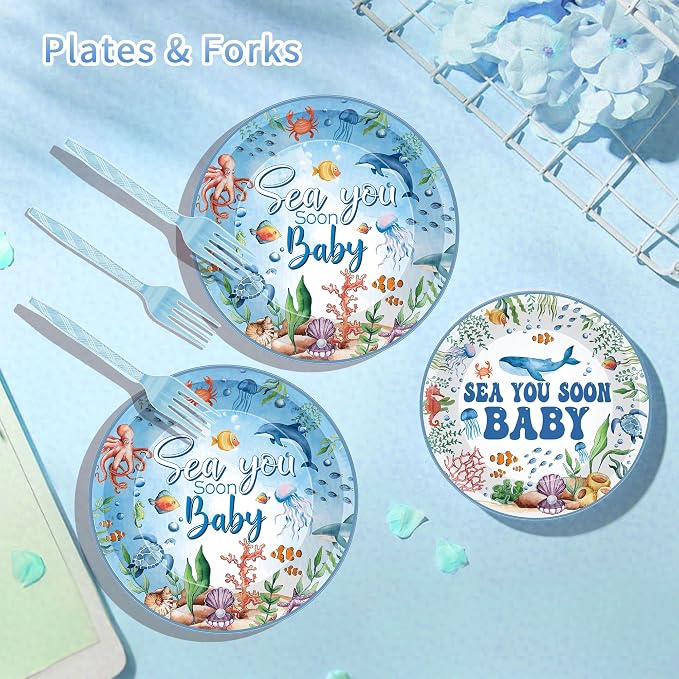 96 Pcs Sea You Soon Baby Shower Decorations, Ocean Theme Plates Napkins Forks - Image 7