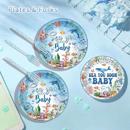 96 Pcs Sea You Soon Baby Shower Decorations, Ocean Theme Plates Napkins Forks - Image 7