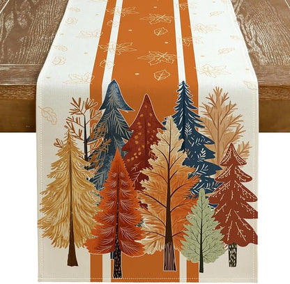 Fall Watercolor Trees & Maple Leaves Striped Table Runner 13x72 Inch, Rustic by GEEORY
