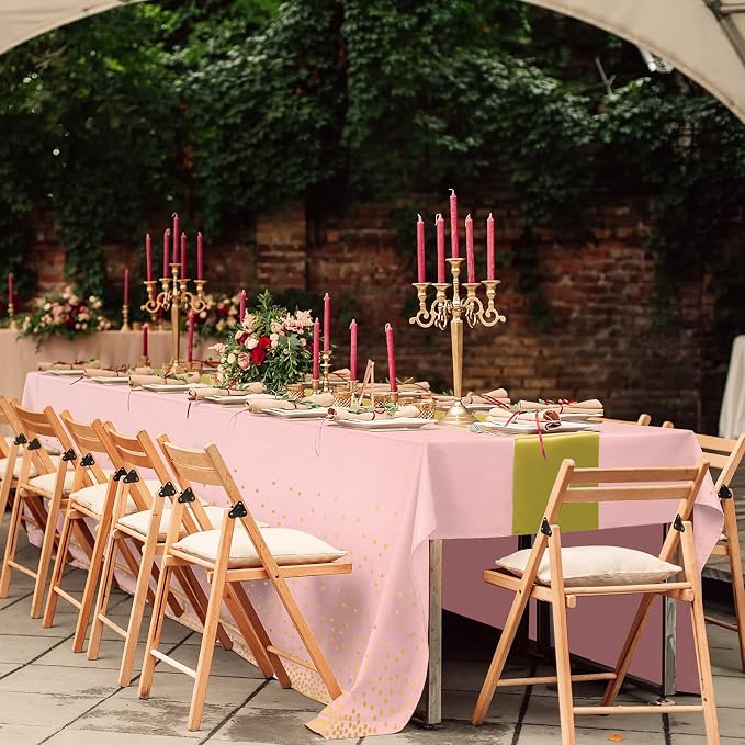 16Pack Disposable Plastic Tablecloths and Satin Table Runner Set Pink and Gold - Image 7