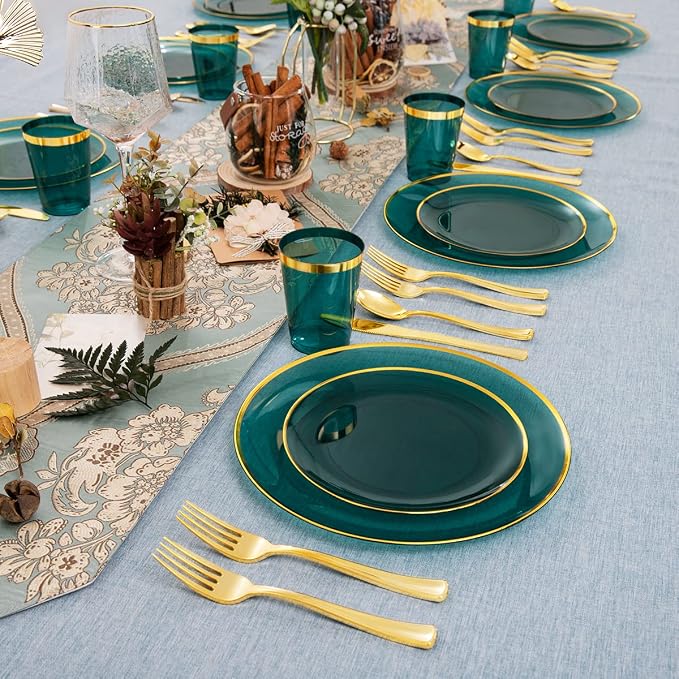 LIYH 180 Pcs Clear and Green Gold Plastic Christmas Plates - Image 7
