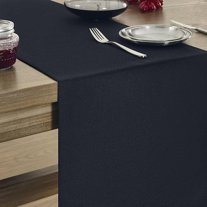 Basic Linen Style Table Runner, 14x60 Inch Dark Navy | Mitered Corner Design - Image 4