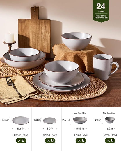 Famiware Venus Speckled Dinnerware Set with Pasta Bowls, Service for 6 (24 Pieces), Stoneware Plates and Double Bowls Sets, Microwave & Dishwasher-Safe Dishes with Trim, Matte Light Grey