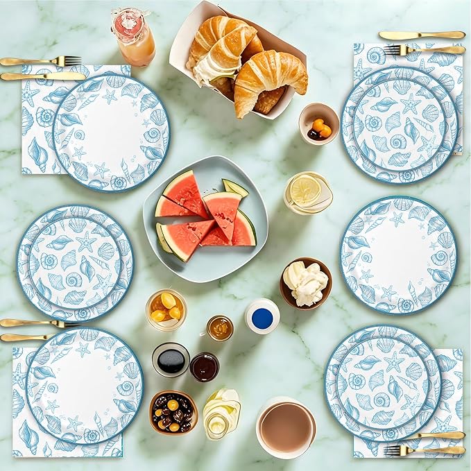 180Pcs Blue Seashell Starfish Coral Plates and Napkins Set, Serves 60 | - Image 4