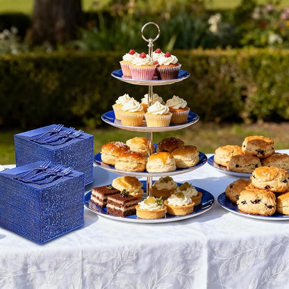 DaYammi 200Pcs Blue Dessert Plates with Forks- Small Disposable Dessert Plates- Serve 100 Guests include 100 Cake plates 6",100 Plastic Forks 5.7" for Party,Disposable Appetizer plates for Wedding