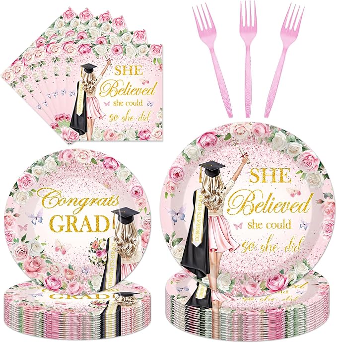 96Pcs She Believed She Could So She Did Paper Plates Napkins Forks Flower by EUOYUFO