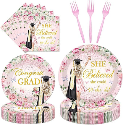 96Pcs She Believed She Could So She Did Paper Plates Napkins Forks Flower by EUOYUFO
