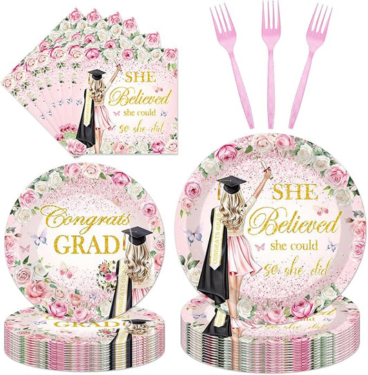 96Pcs She Believed She Could So She Did Paper Plates Napkins Forks Flower by EUOYUFO