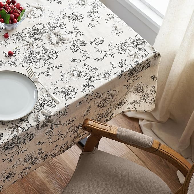 jinchan Black Floral Linen Blend Rectangle Table Cloth 52 x 70 Inch | Farmhouse - Image 8