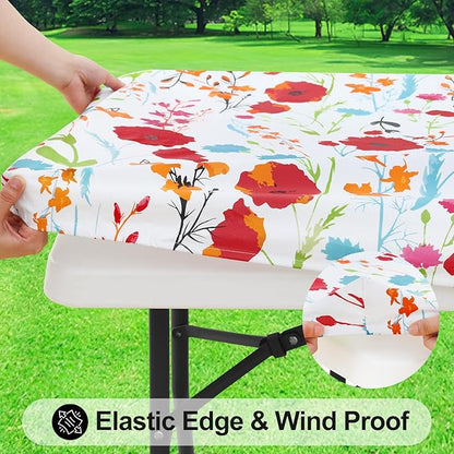 Smiry Rectangle Table Cloth Cover, Waterproof Elastic Fitted Picnic Tablecloth for 4 Foot Tables, Wipeable Flannel Backed Vinyl Tablecloths for Camping, Dining, Outdoor (Off White, 24" x 48")