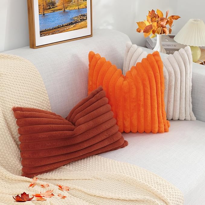 decorUhome Cozy Faux Fur Spring Throw Pillow Covers 20x20 Set of 2 Decorative Soft Plush Striped Modern Farmhouse Boho Couch Pillow Cases with Velvet Back for Sofa Bed Living Room, Orange