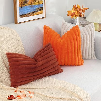 decorUhome Cozy Faux Fur Spring Throw Pillow Covers 20x20 Set of 2 Decorative Soft Plush Striped Modern Farmhouse Boho Couch Pillow Cases with Velvet Back for Sofa Bed Living Room, Orange