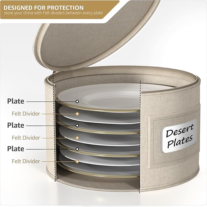 Sorbus China Storage Container – Dinnerware Organizer for Bowl Plate Storage with Lid (Holds Service for 12) with Felt Protectors – 9" x 6"