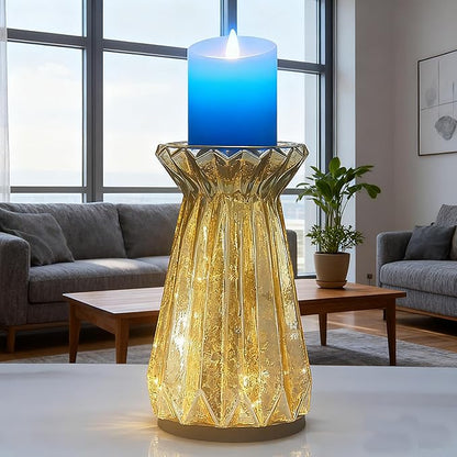 Home Decor, Mercury Glass Pillar Candle Pedestal Holders with 10 Led Lights, Lighted up Candle Holder for Pillar Candle, Candlestick Holders with Timer for Wedding Home Dining Table Xmas (Gold)