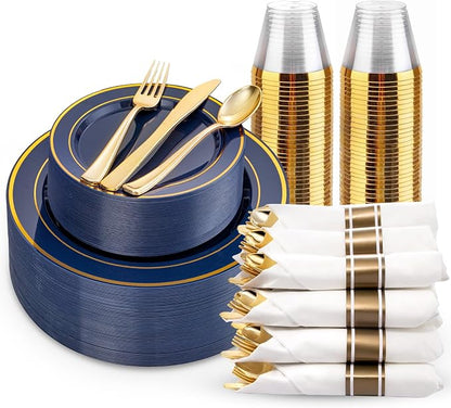 175PCS Blue and Gold Plastic Plates by WDF