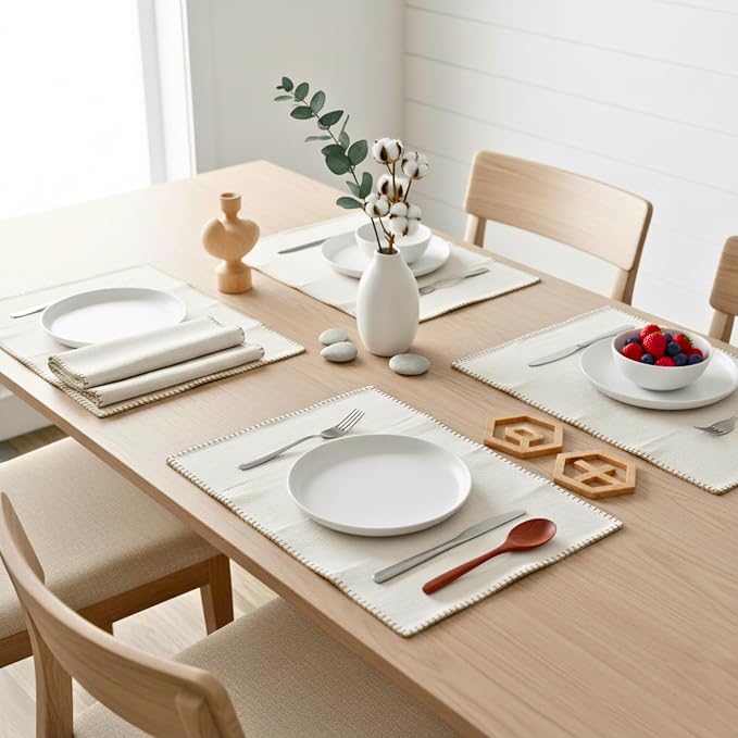 Dining Table Placemats with Decorative Stitched Edge Textured Organic Cotton - Image 5