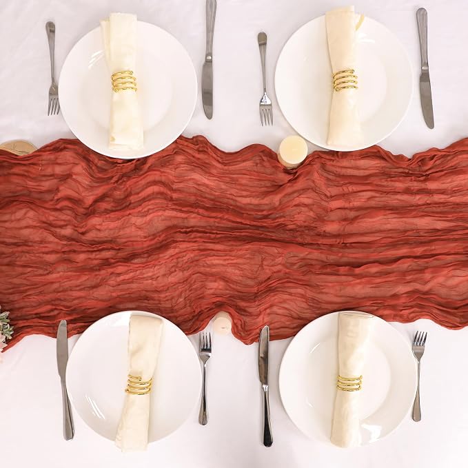 Snowkingdom 10 Ft Fall Thanksgiving Table Runner Terracotta Rust Cheesecloth - Image 8