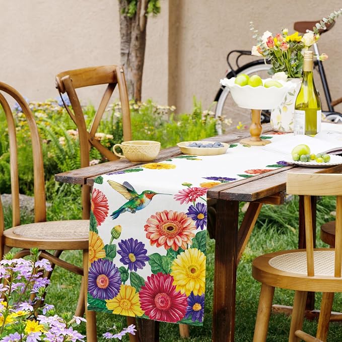 Summer Hummingbird Table Runner Spring Daisy Floral Burlap Table Runners - Image 8
