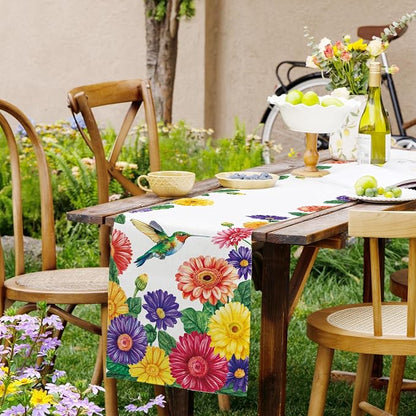 Summer Hummingbird Table Runner Spring Daisy Floral Burlap Table Runners - Image 8