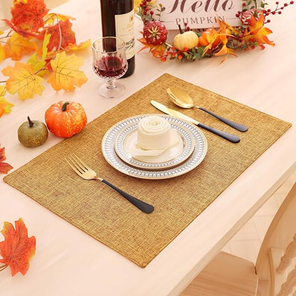 Homaxy Cloths Placemats for Dining Table Set of 8, Heat Resistant Washable Cotton Linen Blend Table Mats, Easy to Clean Place Mats for Indoor Outdoor Party Kitchen Decoration, 13" x 19", Amber