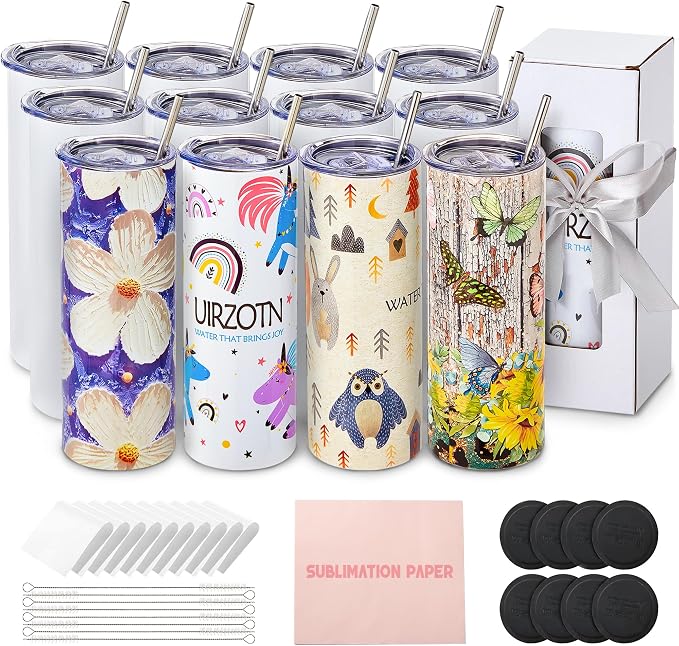 12 Pack 20oz Sublimation Tumbler Skinny Straight Bulk | Stainless Steel by UIRZOTN