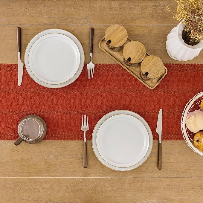 Macrame Style Boho Table Runner, 12x72 Inch Dark Orange | Woven Boho Table - Image 4