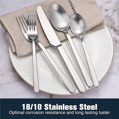KINGSTONE Forged 30-Piece Silverware Set, Matte Flatware Set for 6, 18/10 Stainless Steel Silverware Utensils Set Dishwasher Safe (Matte Silver)