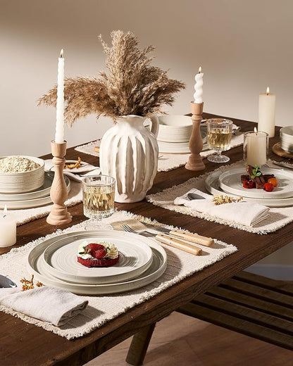 Stoneware Dinnerware Sets for 6, Reactive Glaze Plates & Bowls, Shell Beige | - Image 2