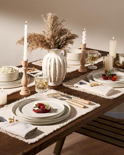 Stoneware Dinnerware Sets for 8, Reactive Glaze Plates & Bowls, Shell Beige | - Image 2