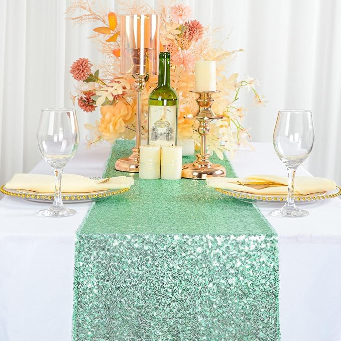 ShiDianYi 12''*72'' Mint Green Sequin Table Runner Sparkly Metallic Sequin by ShiDianYi