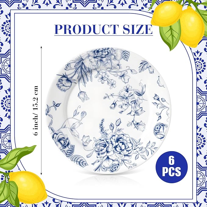 Honeydak 6 Pcs 6 Inch Blue Floral Flower Ceramic Plates Blue and White - Image 2