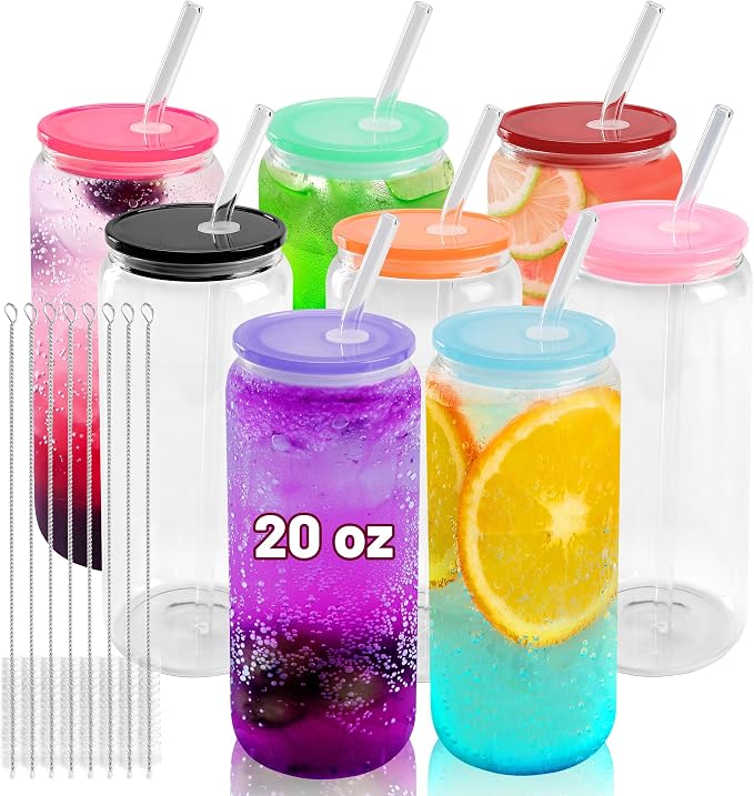 Joyclub 8pcs Glass Cups with Acrylic Lids and Straws 20 oz Drinking Glasses | by Joyclub