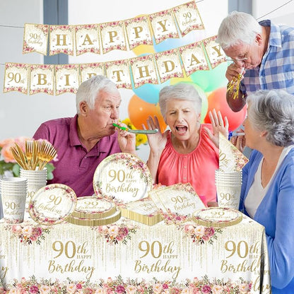 90th Birthday Party Tableware, Includes Plates, Tablecloth, Serves 20 - Image 2