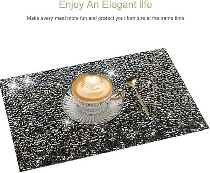 Black Square Placemats - Heat Resistant Mat Set of 2 with Rhinestone Decor and Sparkly Bling