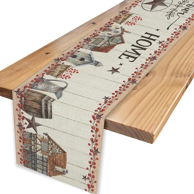 Farmhouse Table Runner, Rustic Western Texas Star Berries Cowboy Wooden Plank - Image 4