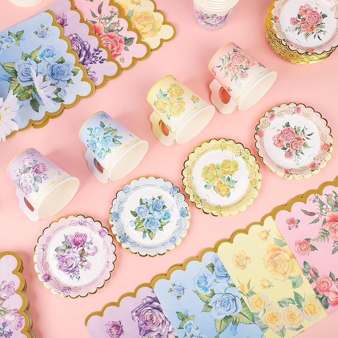 40 Set Floral Tea Cups and Saucers Disposable Tea Party Supplies Colorful - Image 7