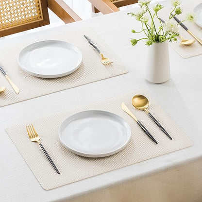 Jovono Faux Leather Placemats Set of 6, Waterproof Washable Table Mats, Easy-Clean Heat Resistant Kitchen Vinyl Place Mat for Dining Table, Restaurant, Indoor, 17.8"x11.8", Ivory