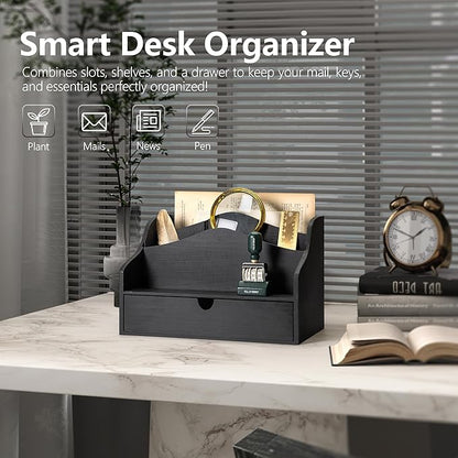 Rebee Vision Pine Wooden Mail Organizer for Desk - Modern Farmhouse Desk Organizer with Drawer & Dividers - 4-Slot Letter Sorter for Mail & Small Essentials - Office Organizer for Home Decor (Black)